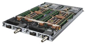 Lenovo SD650 top view showing the disconnect inlet and outlets at rear and the basic interior component layout.